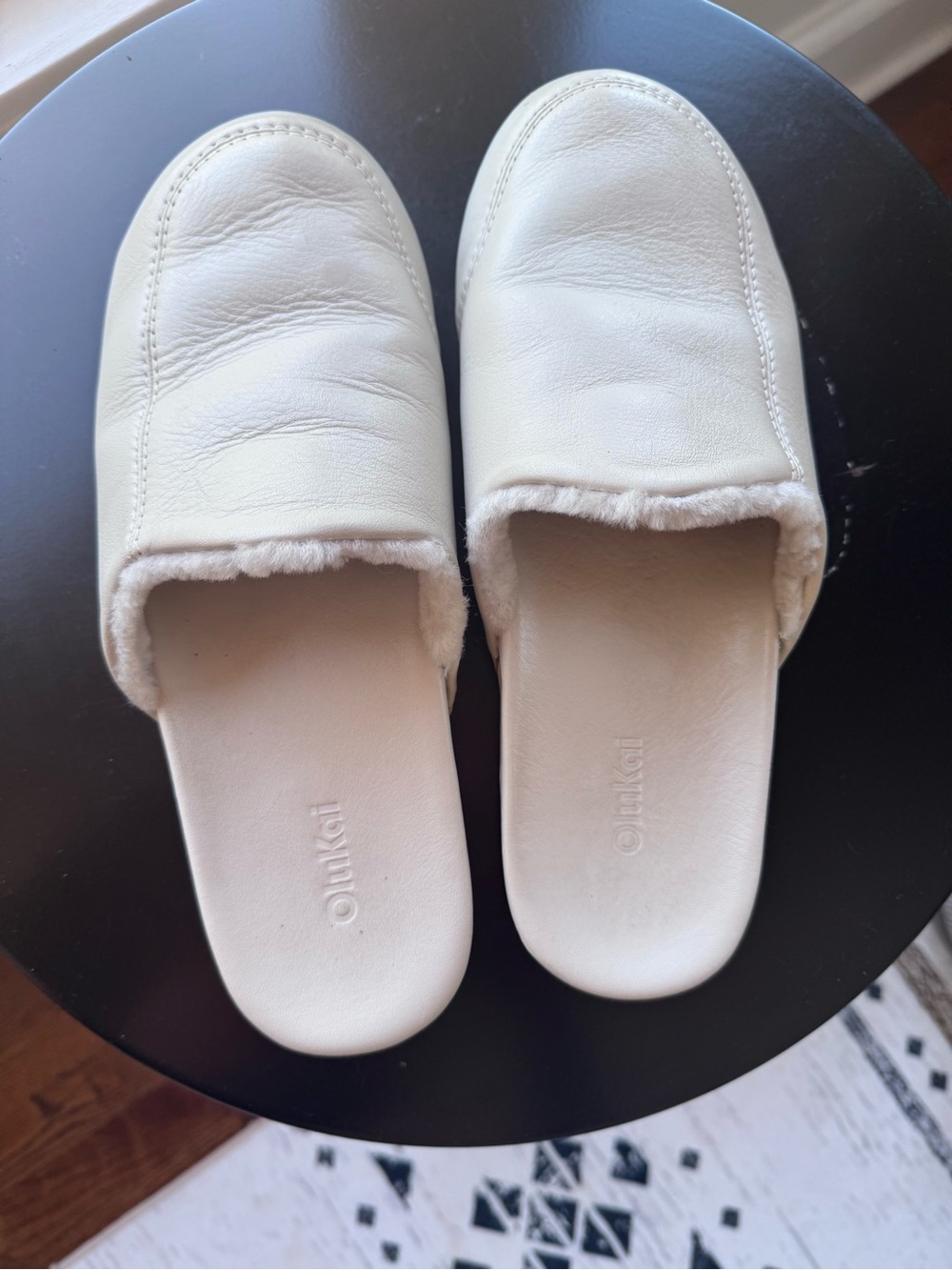 OluKai Women’s Ivory Slide Slippers with Plush Trim